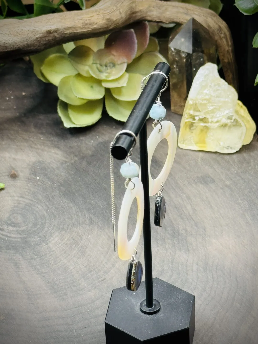 Threader Earrings with Larimar, Mother of Pearl & Abalone - Image 2