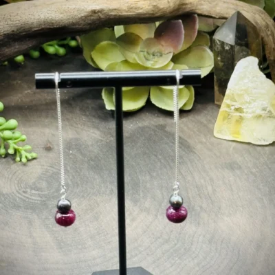 Threader Earrings with Freshwater Pearls & Rubies