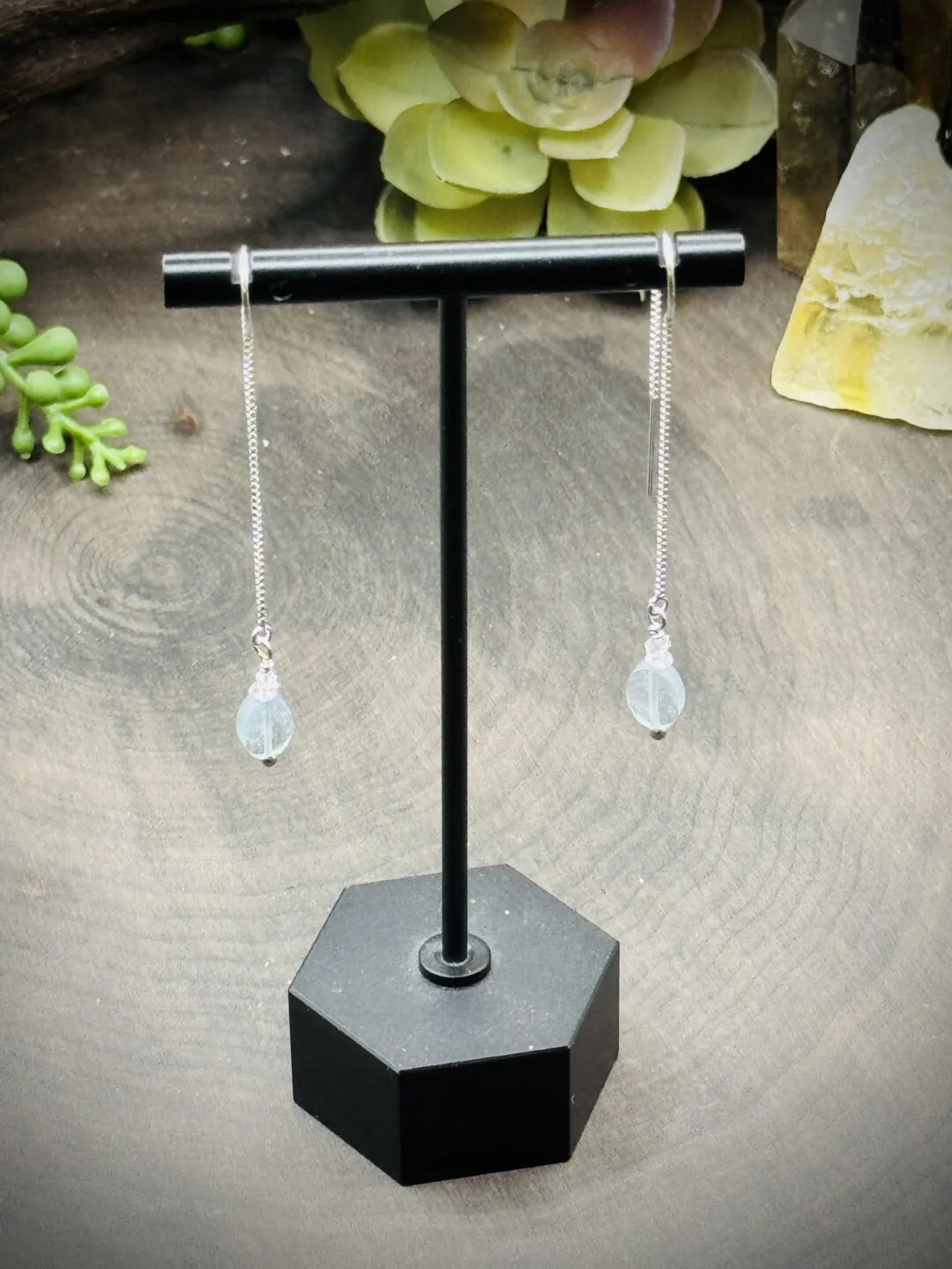 Threader Earrings with Herkimer Diamonds & Aquamarine Beads
