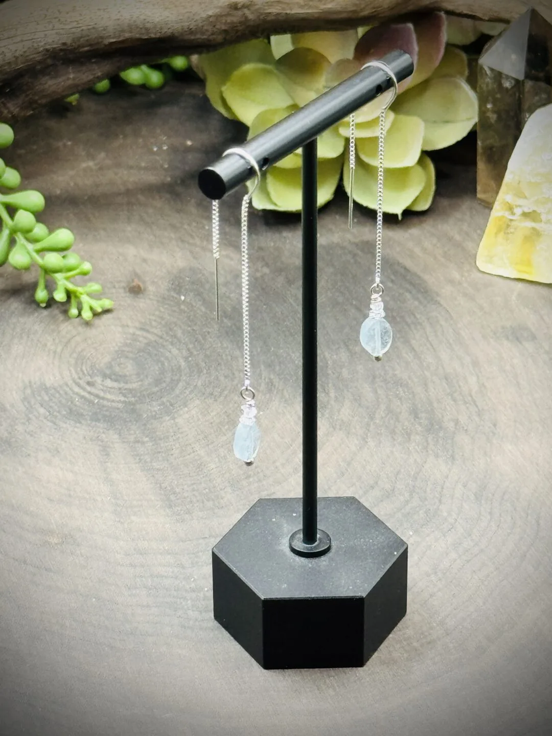 Threader Earrings with Herkimer Diamonds & Aquamarine Beads - Image 2