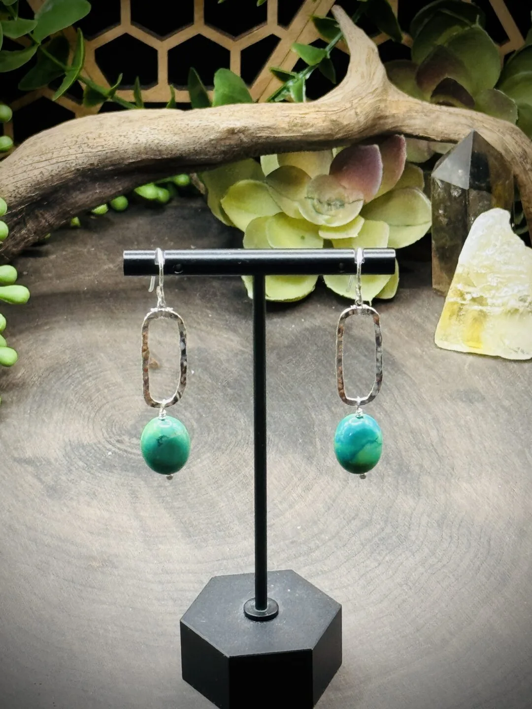 Dainty Rectangle Hoops with Oval Turquoise Beads