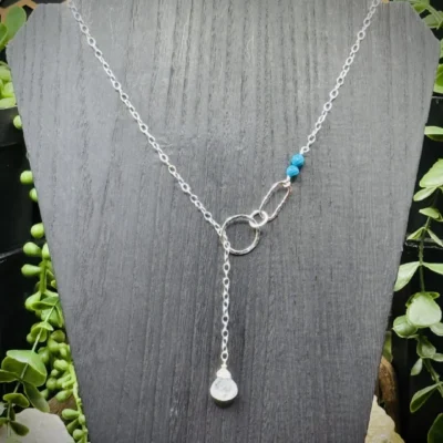 Three Elegant Fine Silver Round Y Necklace with Moonstone Teardrop & Turquoise Beads