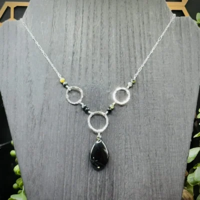 Three Elegant Fine Silver Round with Onyx Teardrop & Multi-Colored Tigers Eye
