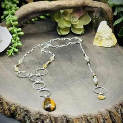 Ten Elegant Fine Silver Round Reversible Necklace with Tigers Eye & Citrine