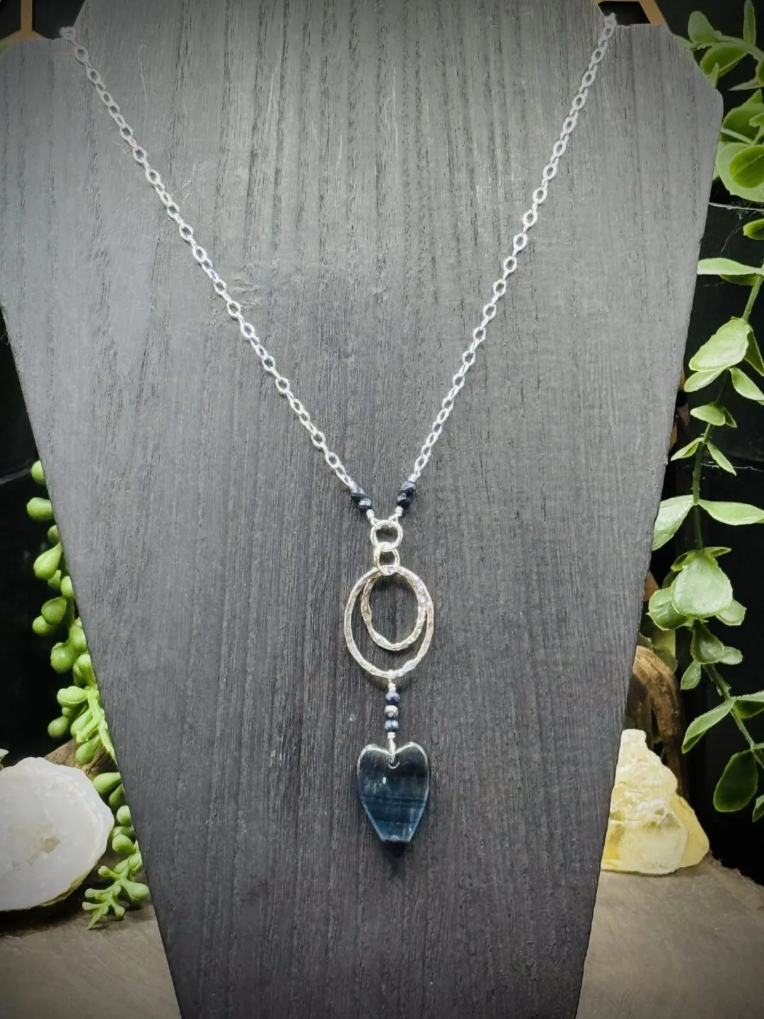 Four Elegant Hoop Necklace with a Fluorite Heart & Sapphires Beads