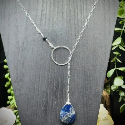 Elegant Fine Silver Round Y Necklace with Lapis & Clear Quartz Crystals