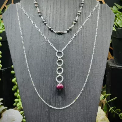 Seven Elegant Fine Silver Round Necklace with Freshwater Pearls & Rubies