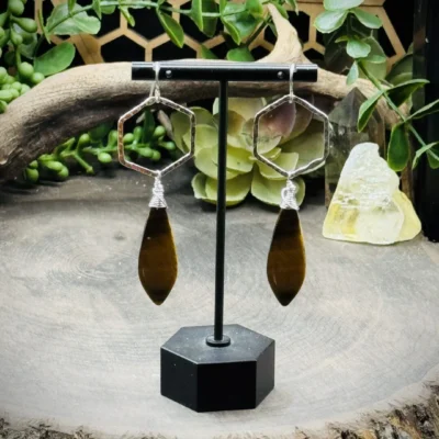 Daring Honeycomb Fine Silver Hoops with Tigers Eye Teardrop