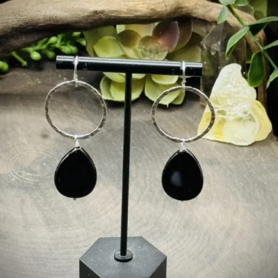 Daring Fine Silver Hoops with Large Onyx Teardrops