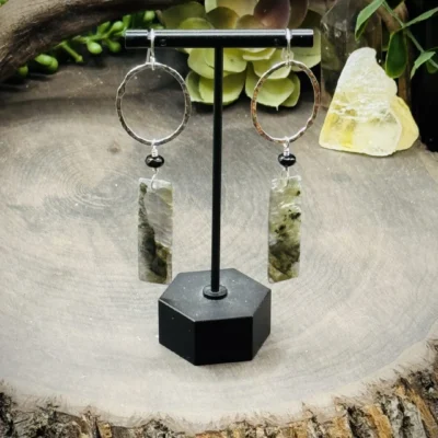 Daring Oval Fine Silver Hoops with Onyx & Labradorite Rectangles