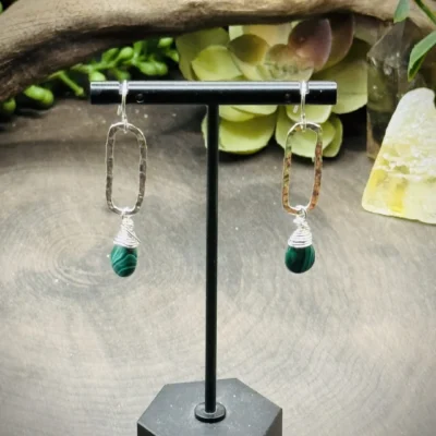 Dainty Rectangle Hoops with Malachite Teardrops