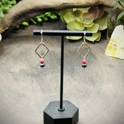 Dainty Diamond Shaped Hoops with Rubies & Freshwater Pearls