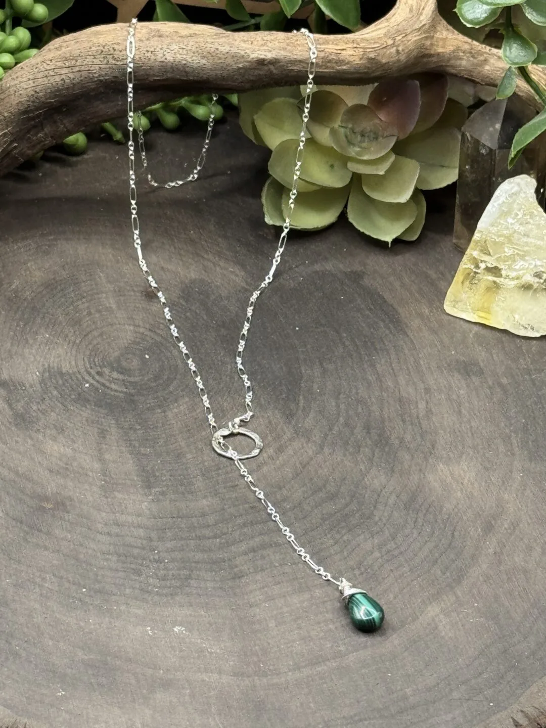 Elegant Fine Silver Round Y Necklace with Teardrop Malachite Bead - Image 2