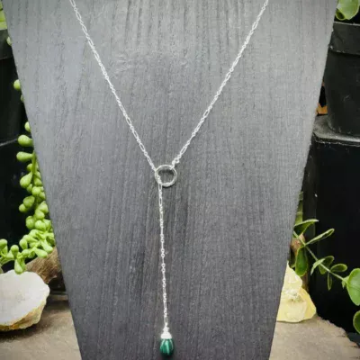 Elegant Fine Silver Round Y Necklace with Teardrop Malachite Bead