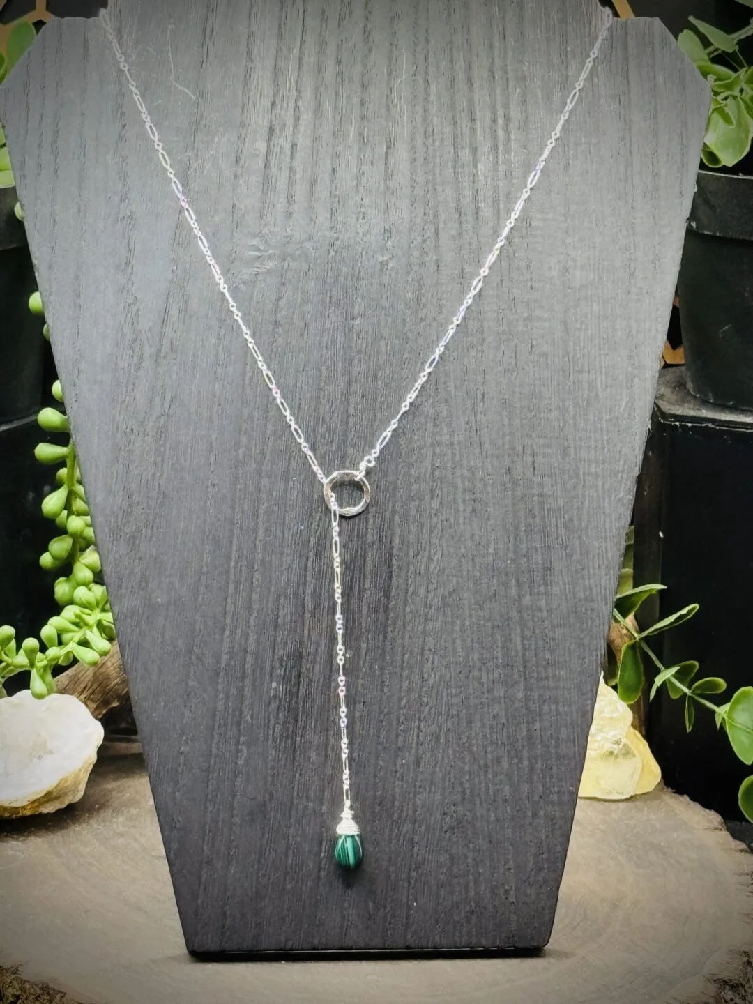 Elegant Fine Silver Round Y Necklace with Teardrop Malachite Bead