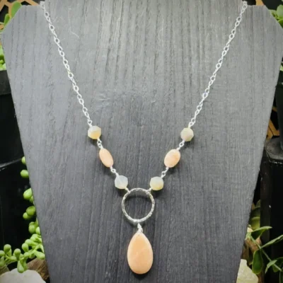 Elegant Hoop Necklace with Pink & Grey Moonstone Beads