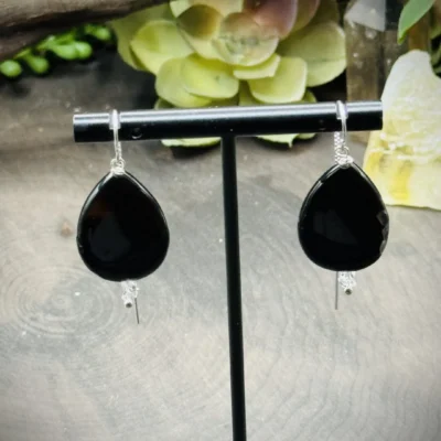 Threader Earrings with Onyx & Herkimer Diamonds