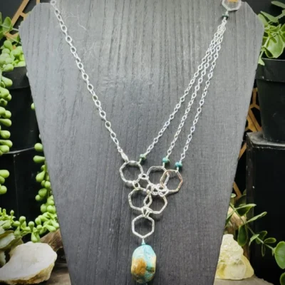 Asymmetric Fine Silver Honeycomb Hoop Necklace with Turquoise Beads