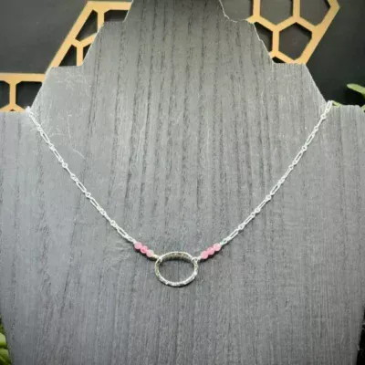 Small Fine Silver Oval Round Choker with Pink Tourmaline
