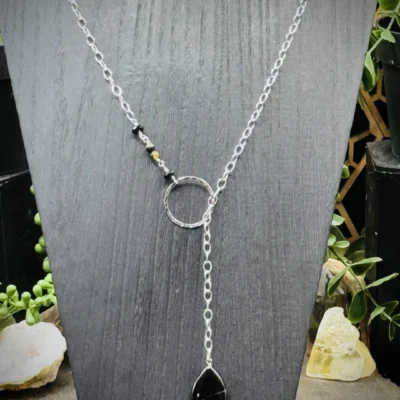 Elegant Fine Silver Round Y Necklace with Teardrop Onyx & Multi-Colored Tigers Eye
