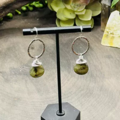 Dainty Oval Hoops with Teardrop Labradorite Beads