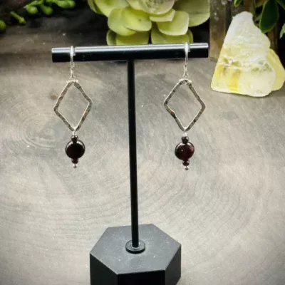 Dainty Diamond Shaped Hoops with Garnet Beads
