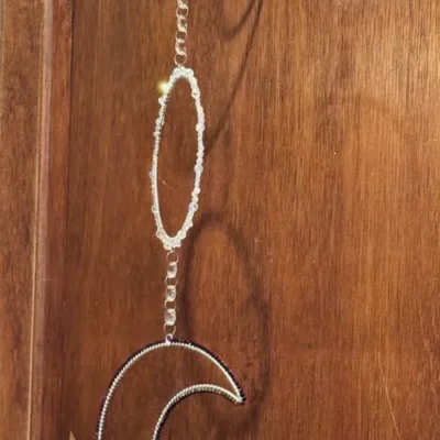 Triple Moon Silver Colored Sun Catcher in Iridescent Blue, White, & Purple Beads