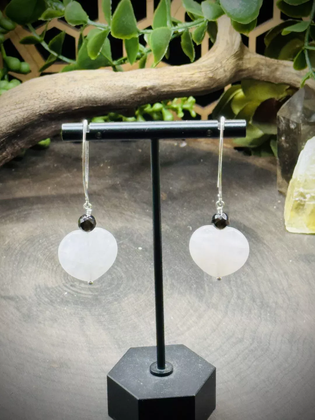 Marquise Ear Wires with Smoky Quartz & Rose Quartz Hearts