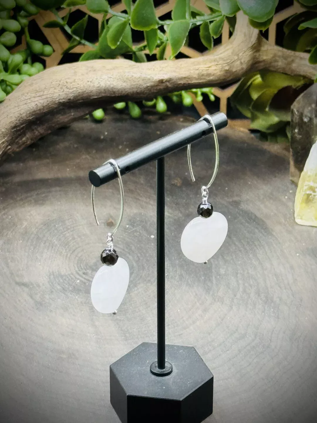 Marquise Ear Wires with Smoky Quartz & Rose Quartz Hearts - Image 2