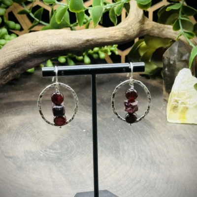 Classy Fine Silver Oval Hoops with Garnet Beads