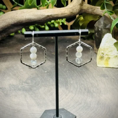Classy Fine Silver Honeycomb Hoops with Grey Moonstone Beads
