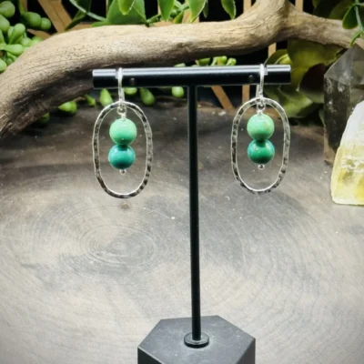 Classy Fine Silver Oval Hoops with Turquoise Round Beads
