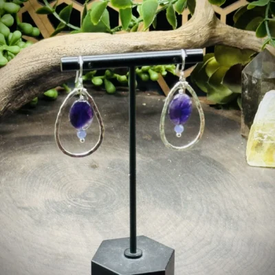 Classy Fine Silver Teardrop Hoops with Amethyst & Tanzanite Beads