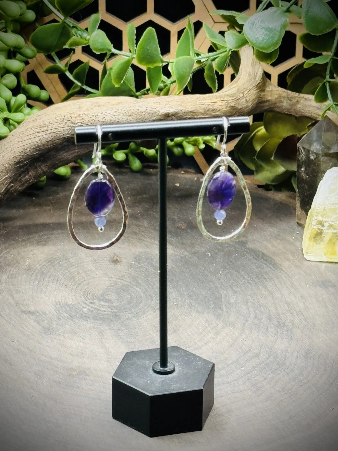 Classy Fine Silver Teardrop Hoops with Amethyst & Tanzanite Beads