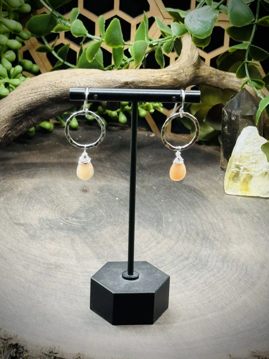 Dainty Hoops with Teardrop Peach Moonstones