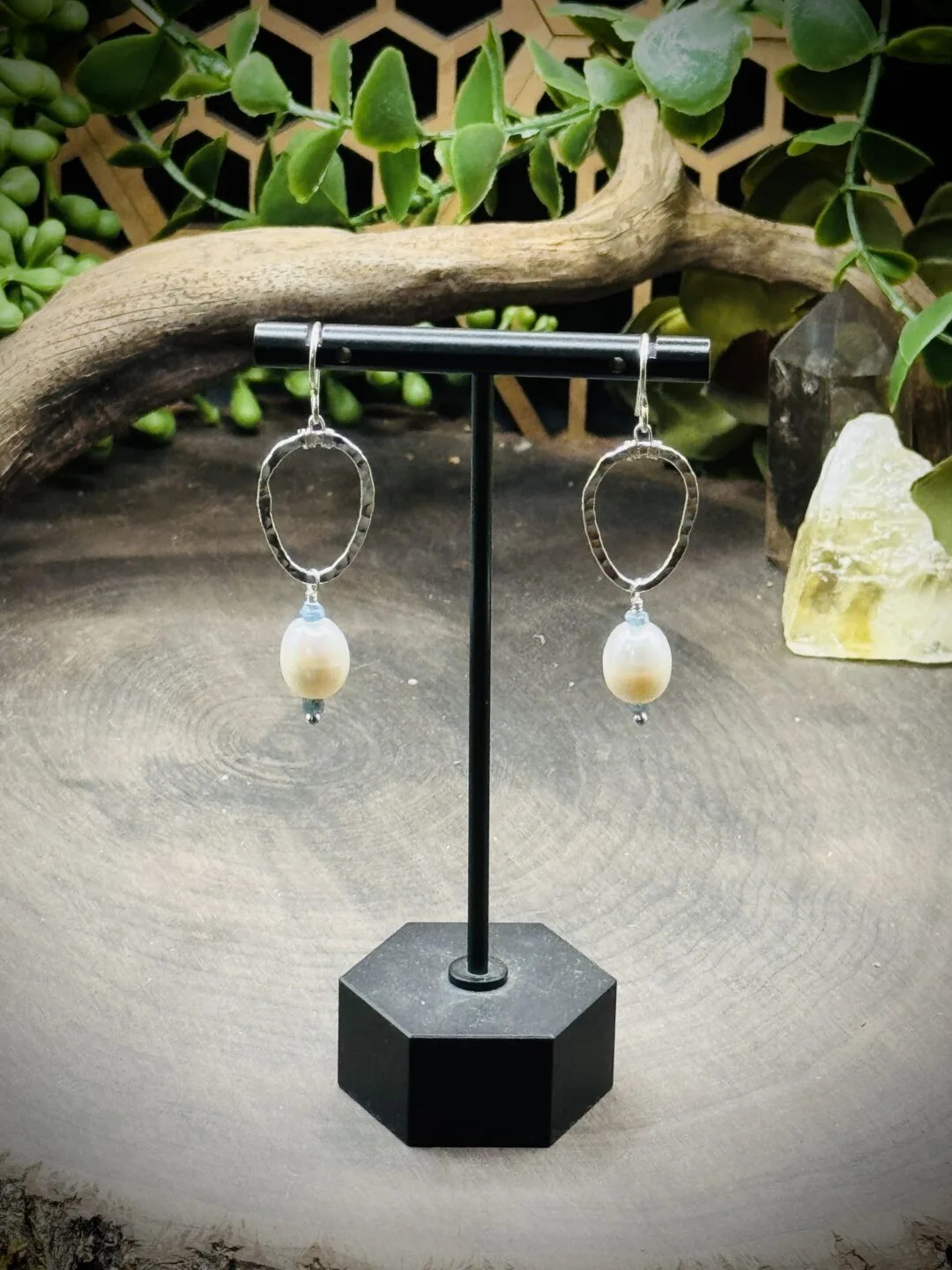 Dainty Teardrop Hoops with Freshwater Pearls & Aquamarine