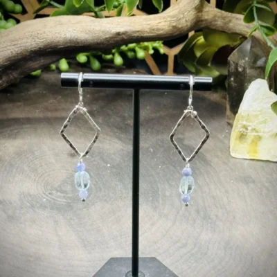 Dainty Diamond Shaped Hoops with Tanzanite & Sky Blue Topaz