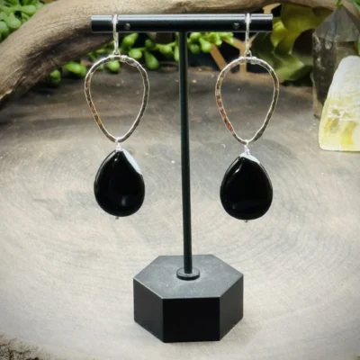 Daring Teardrop Fine Silver Hoops with Teardrop Onyx Beads