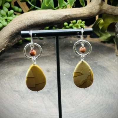 Geometric Round Earrings with Gold Stone & Wild Horse Jasper