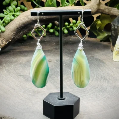 Geometric Diamond Shaped Round Earrings with Large Teardrop Green Stripped Agate