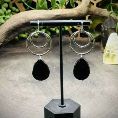 Two Geometric Round Earrings with Teardrop Onyx Beads