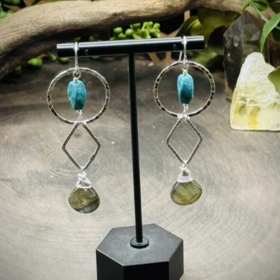 Two Geometric Round Earrings with Turquoise & Teardrop Labradorite Beads
