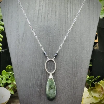 Medium Oval Fine Silver Round Necklace with Moss Agate & Sapphires