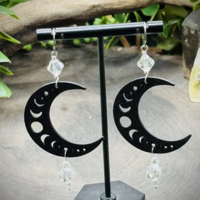 Earrings with Clear Quartz Crystals & 3D Printed Moons