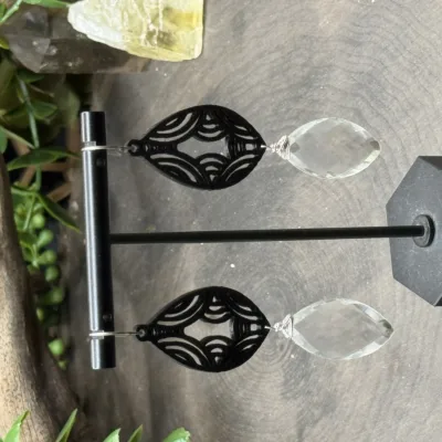 Earrings with Large Clear Quartz Crystals & 3D Printed Marquise Mandala