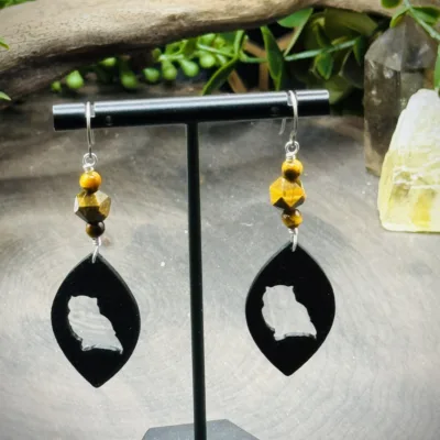 Earrings with Tigers Eye & 3D Printed Owls