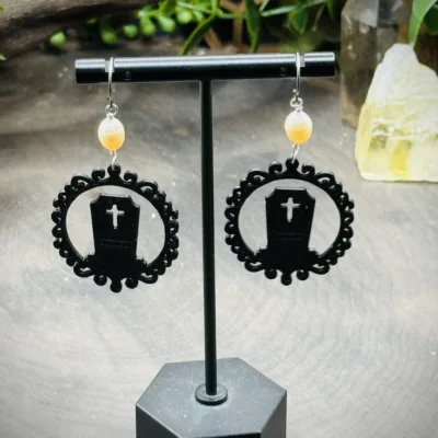 Earrings with Freshwater Pearls & 3D Printed Coffins with Crosses