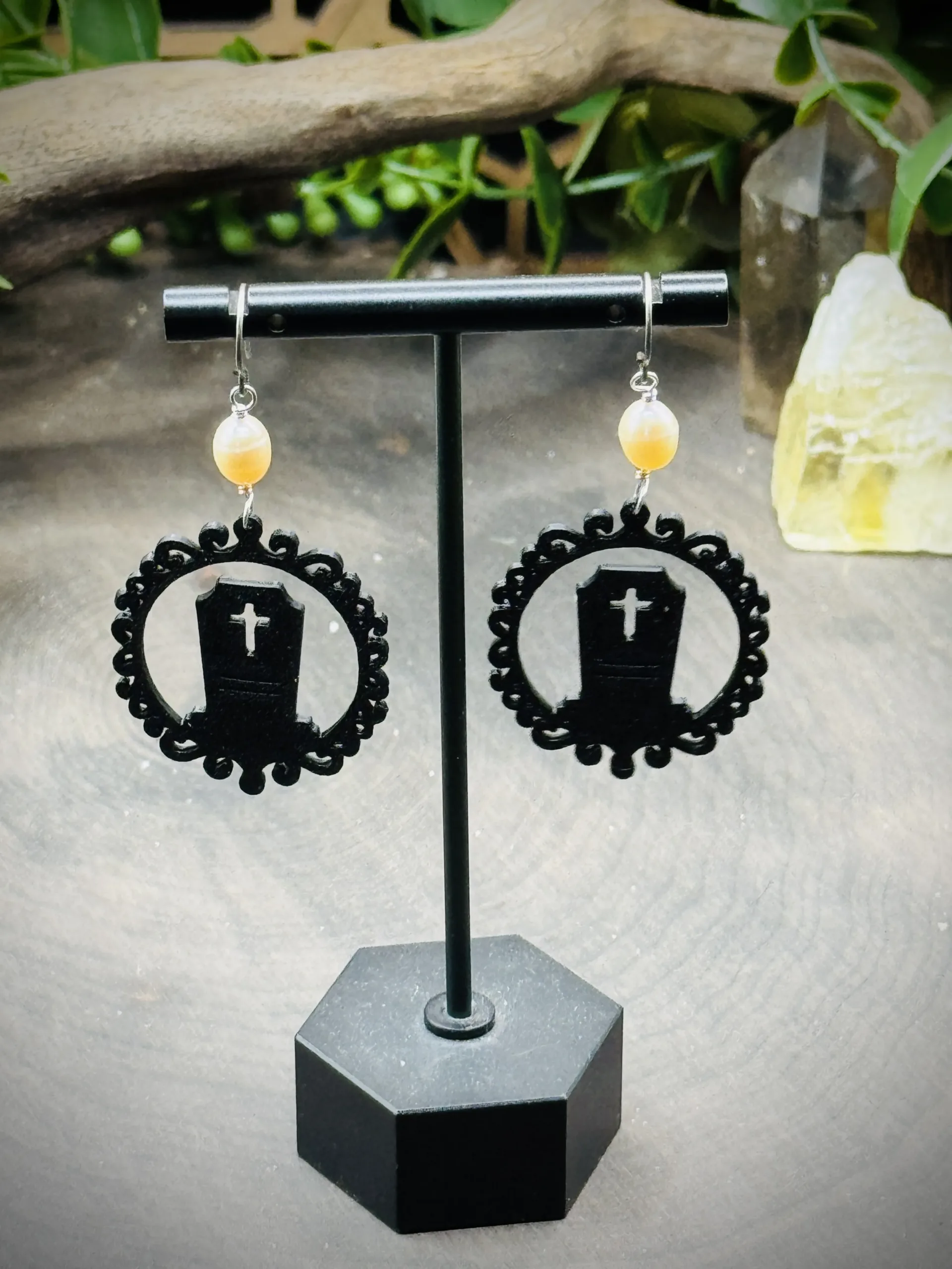 Earrings with Freshwater Pearls & 3D Printed Coffins with Crosses
