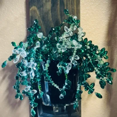 Green Variegated Beaded Plant Sun Catcher in Glass and Wood Sconce