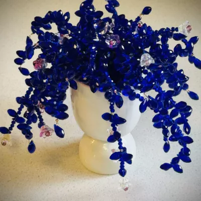 Royal Blue Floral Beaded Plant Sun Catcher in Vintage White Vase